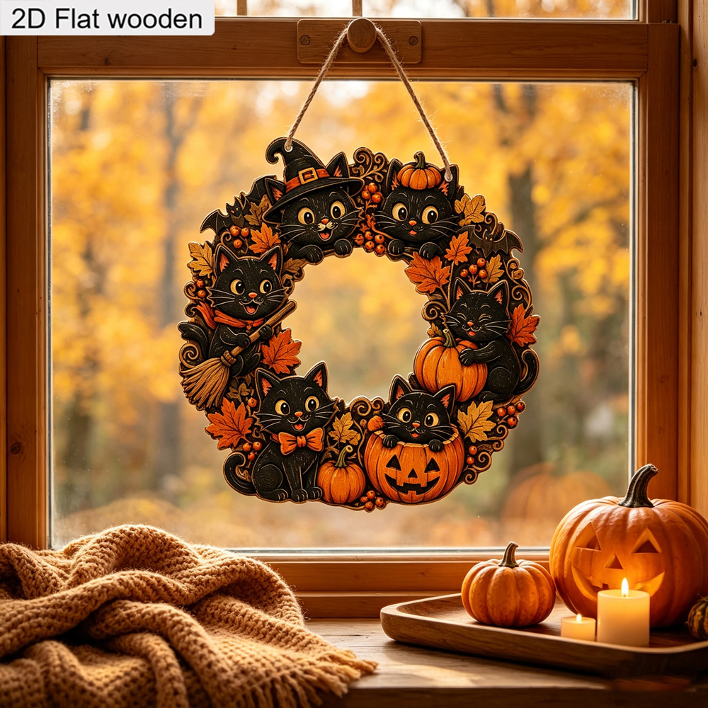 TEMU 2d Flat, 1pc, Rustic-style Artificial Black Cat Wreath Wall Hanging - Irregular Shape, Suitable For Halloween And Autumn Decor, Featuring Witch