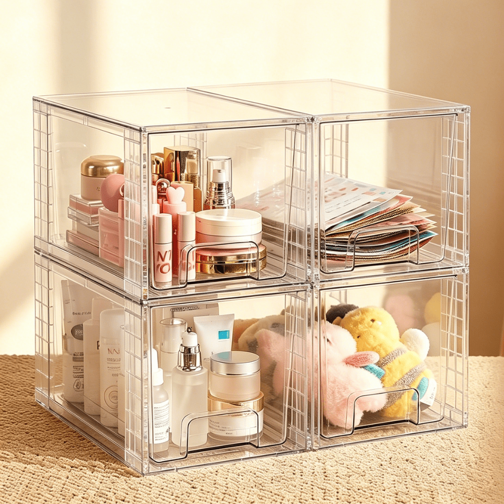 TEMU Clear Drawer Organizers For Any Occasions, Assemble Storage Bins For Desktop, Cabinet, Bedroom, Bathroom, Acrylic Stackable Storage Drawers,