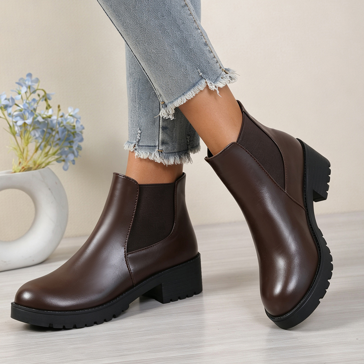 TEMU Women's Comfortable Elegant Platform Short Boots, Fashionable Round Toe Chunky Heel Elastic Sexy Casual Boots, Outdoor Boots, Women Shoes