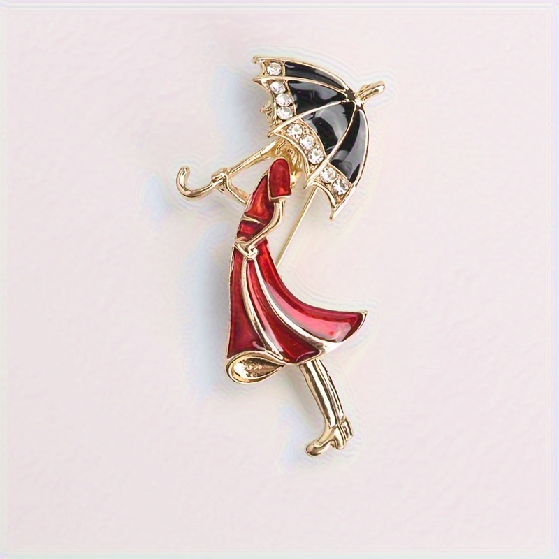TEMU Un elegante broche de paraguas para mujer, accesorio de moda para mujer, combinación fácil de moda y negra con adornos de piedras brillantes,