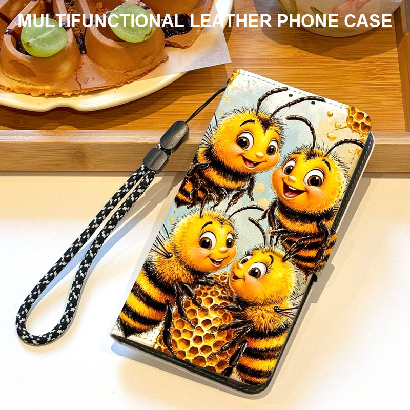 TEMU Phone Case: Bee Pattern Magnetic Flip Wallet Phone Case With Card Slot, Lanyard, And Foldable Stand, Suitable For Iphone 17/17 Pro/17 Pro Max/17