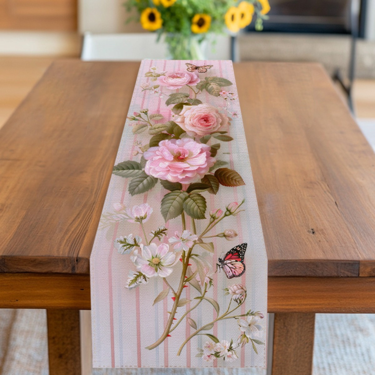 TEMU 1pc Elegant Pink Rose & Table Runner - Natural With Green Leaves, Polyester Material, Perfect For Dining Room, Kitchen, Office, Or Porch Decor,