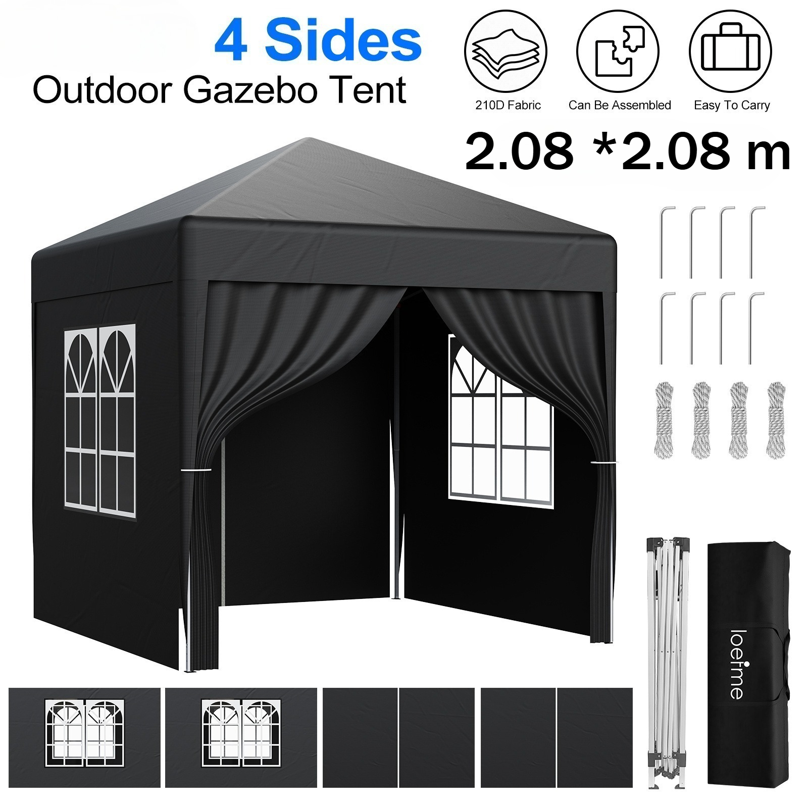 Portable 2.08 X 2.08m Folding Outdoor Canopy With Uv Protection - Tent Suitable For Garden, Poolside, Markets & Events - Compact With Carry Bag And Four-sided Enclosures