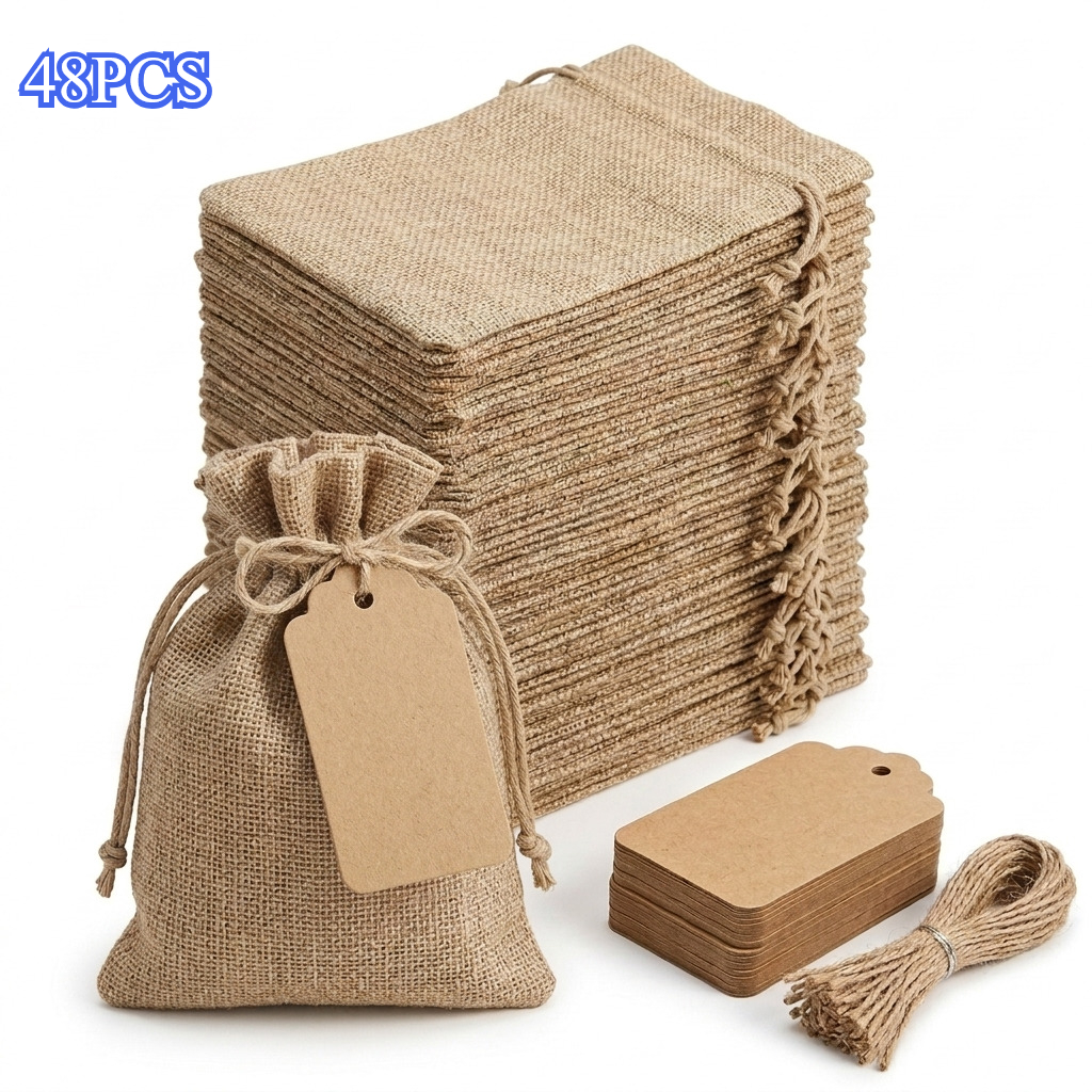TEMU Juego de 48 bolsas con cordón, etiquetas de regalo de papel y cuerda de de natural, set de bolsitas de joyería duraderas y reutilizables para