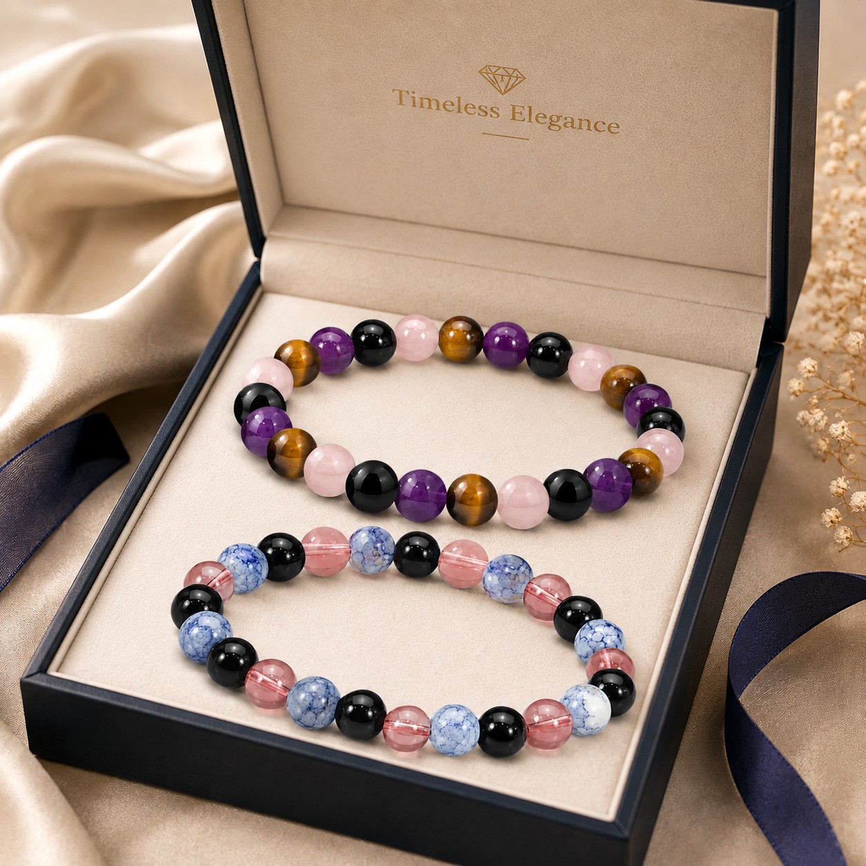 2pcs Set Colorful Round Bead Elastic Bracelets, Unisex