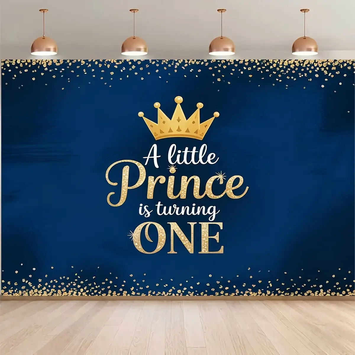 artikel foto 2d plat, eerste verjaardag achtergrond banner - een kleine   wordt een marineblauw & gouden glitter confetti ontwerp met   -   binnen/buiten feestdecor voor babyjongen fotostudio accessoires & vieringen, verjaardagsfeest decor | elegant feestthema | duurzame feestbanner