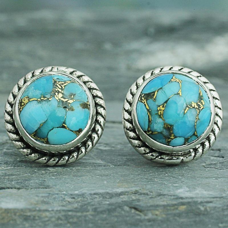E-shop Retro Bohemian Style Eingefasste Synthetische Türkis Runde Ohrstecker Damen Freizeit Party Pendeln Bekleidung Personalisierte Ergänzungen