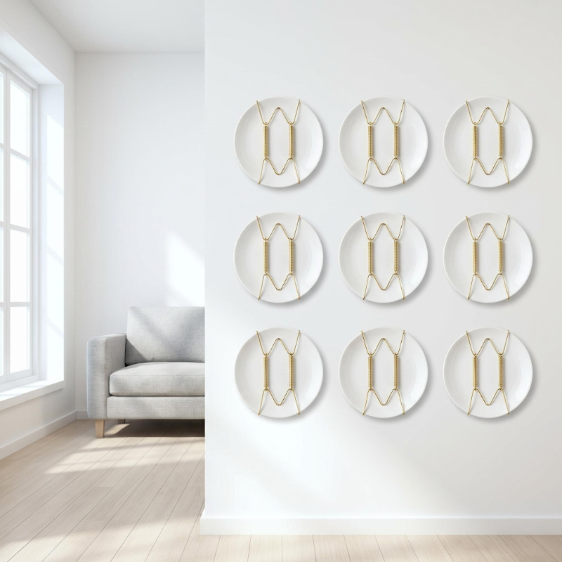 Adjustable Invisible Plate Hangers for Wall Display - Spring Wire Picture Mounts with & Golden Coating, Retains Elasticity Suitable for Gallery Walls, Art Studios, Modern Living Room Decor, Discreet Plate Holders