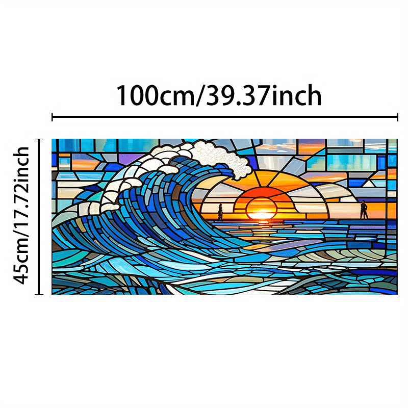 TEMU 2d Flat - 2d Flat - 1pc Of Pvc, 2d Flat Window Film Sticker Measuring 39.37x17.72 Inches, Featuring An Ocean Wave And Sunset Design In A Stained