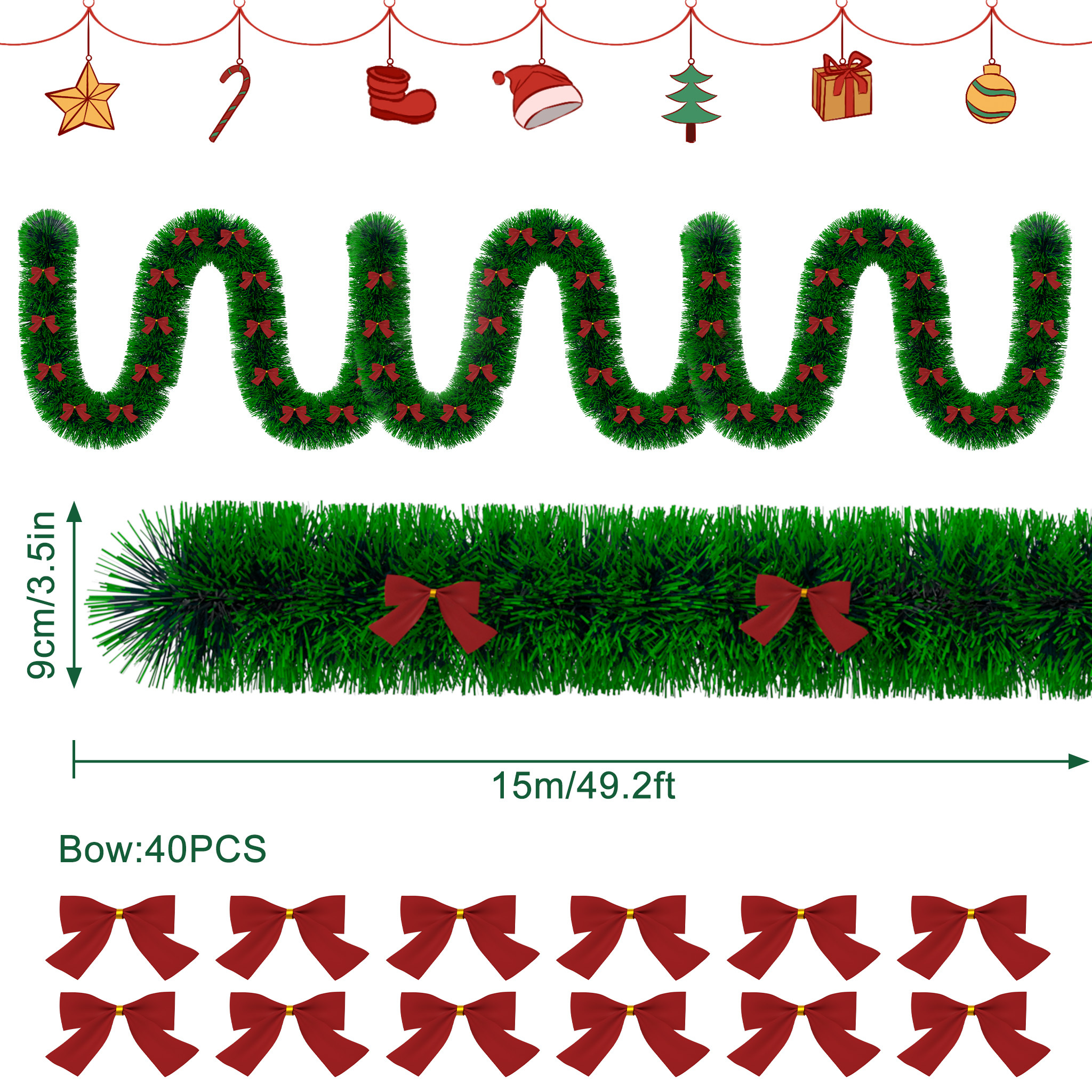 15-meter Long Dark Green Artificial Christmas Garland Featuring Or Green Edges And Red Bows, Suitable For Indoor And Use