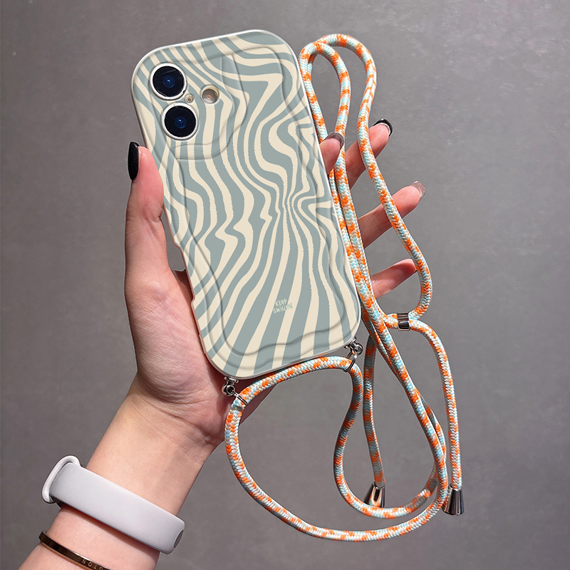 TEMU Phone Case - A Unique Phone Case Featuring A Grey-green Curved Design, Complete With An Adjustable Retractable Lanyard, Suitable For Iphone 11
