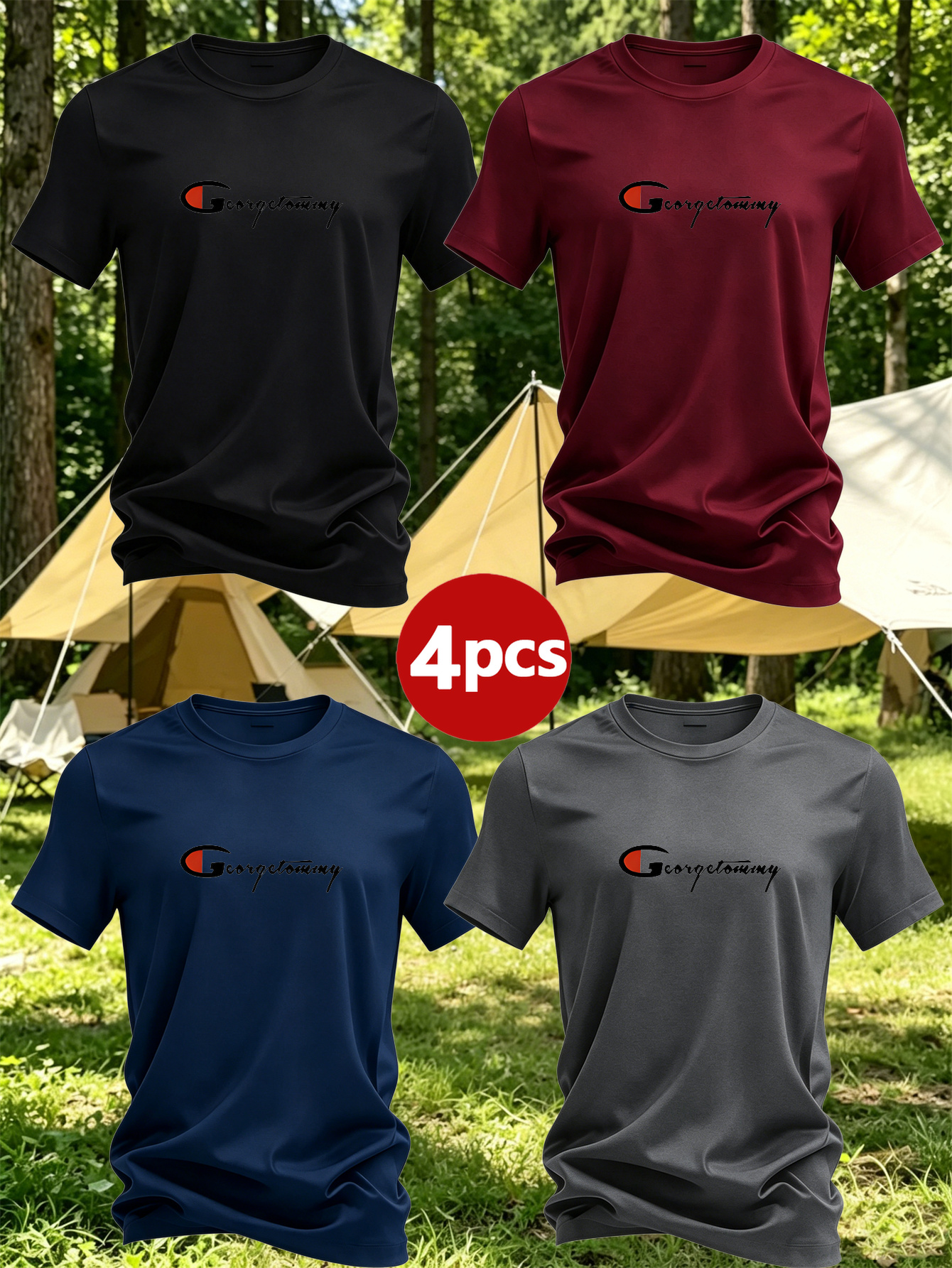 Men's Simple and Stylish Short-Sleeve T-Shirt 4pcs Set, Designed for Casual Attire to Showcase the Elegant Urban Male Aesthetic. Each T-shirt Features a Classic Crew Neck Cut with Exquisite Printed Patterns on the Chest, Showcasing Meticulous Details