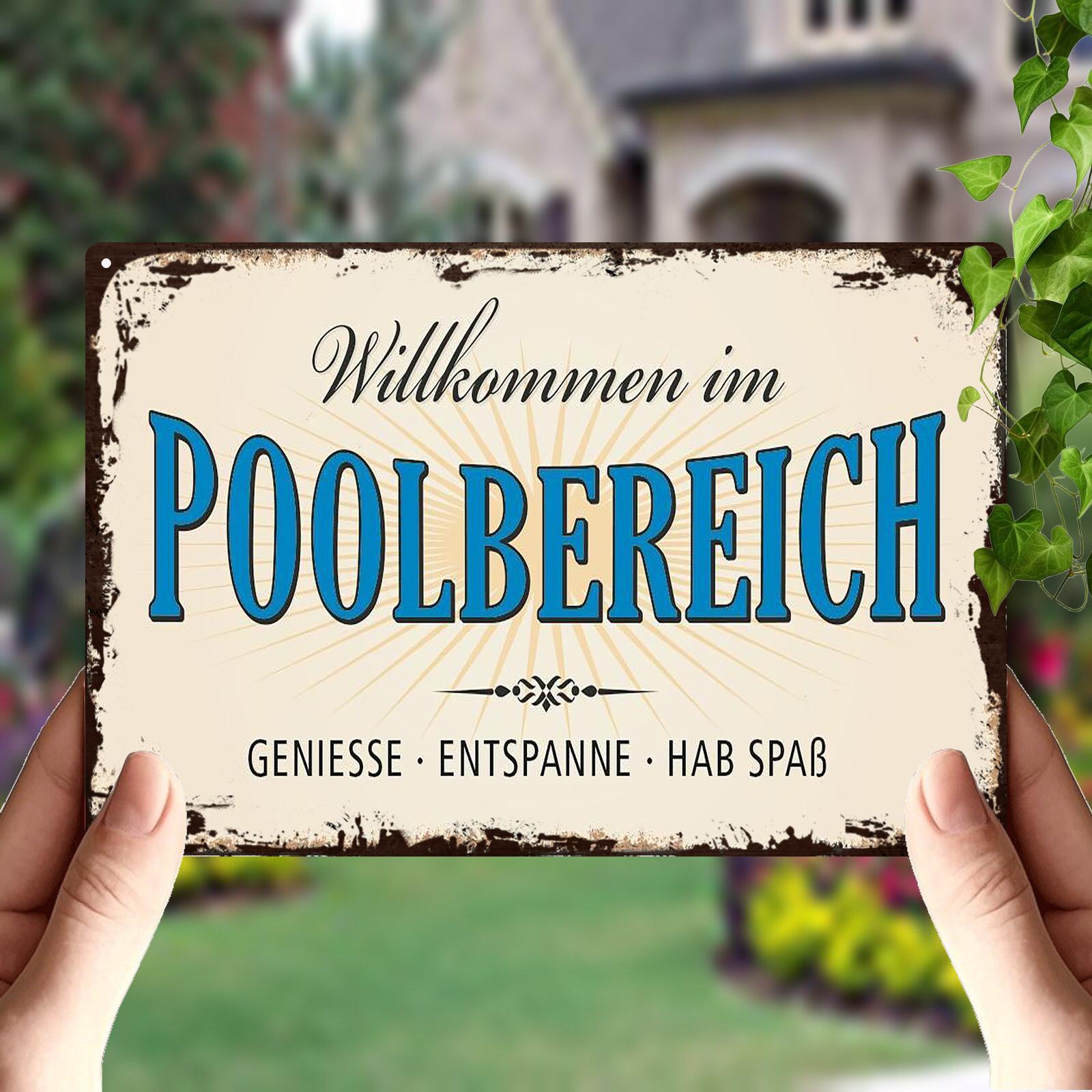 1pc Retro German Poolside Welcome Sign "willkommen Im Poolbereich" Aluminum Wall Art - 8x12 Inch Frameless Vintage Pool Theme Decor, Durable Metal Plaque For Home, Office, Bar, Patio - Gift