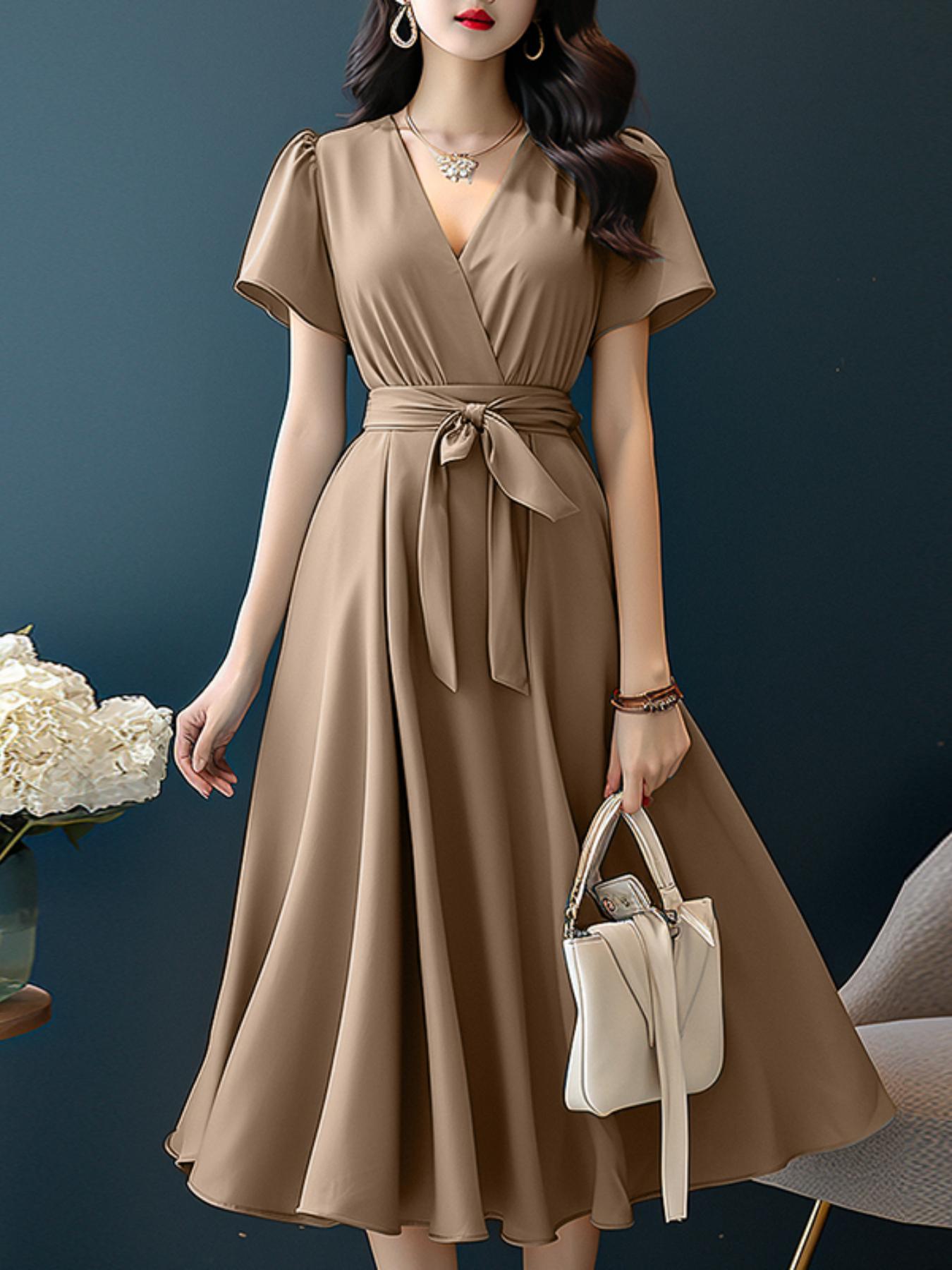 womens elegant v neck a line dress belt solid petal sleeve - Temu Georgia