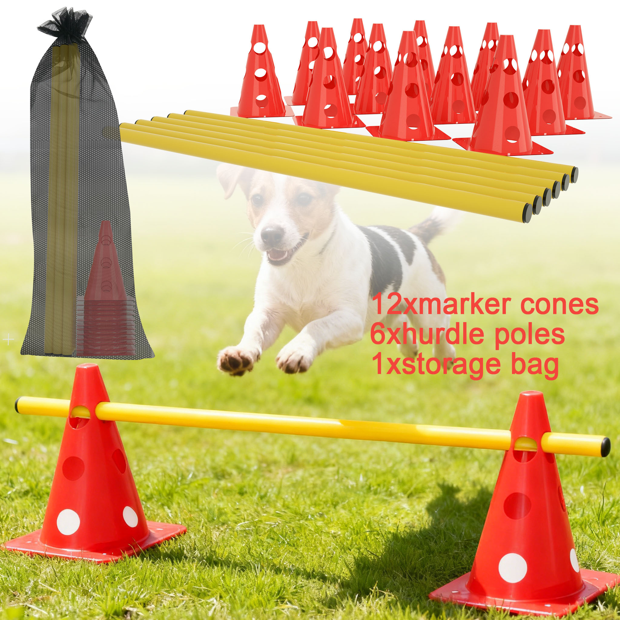 TEMU Dog Hurdle Set, 18pcs (12 Marker Cones   6 Hurdle Bars) Coordination Set For Coordination Training Hurdle Set With Storage Bag Adjustable For