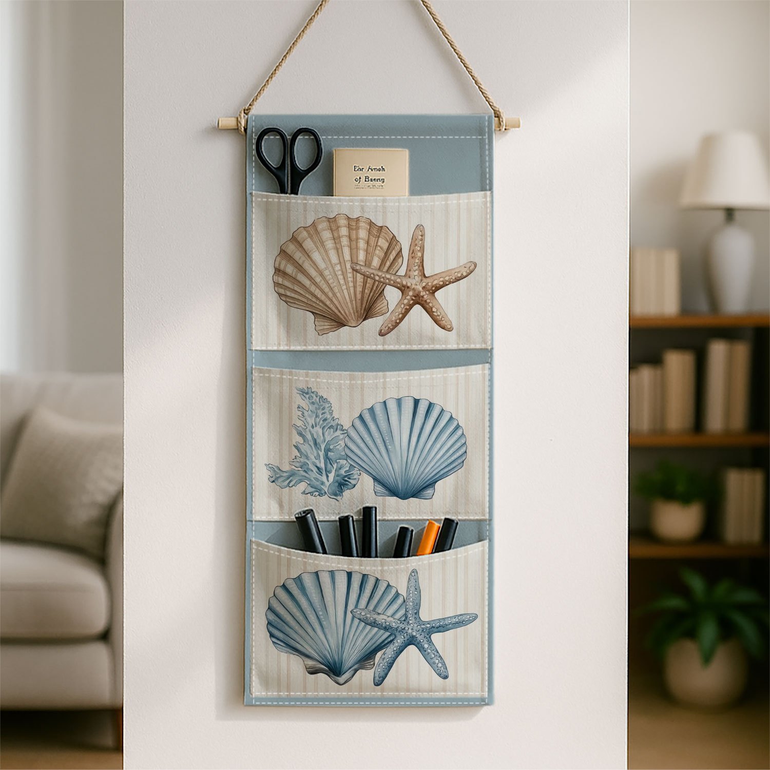 TEMU 1pc Practical Wall Hanging Storage Bag| Nautical- Seashell Starfish Marine Printing, Sturdy Structure, Multiple Pockets, Wall Hanging, Suitable