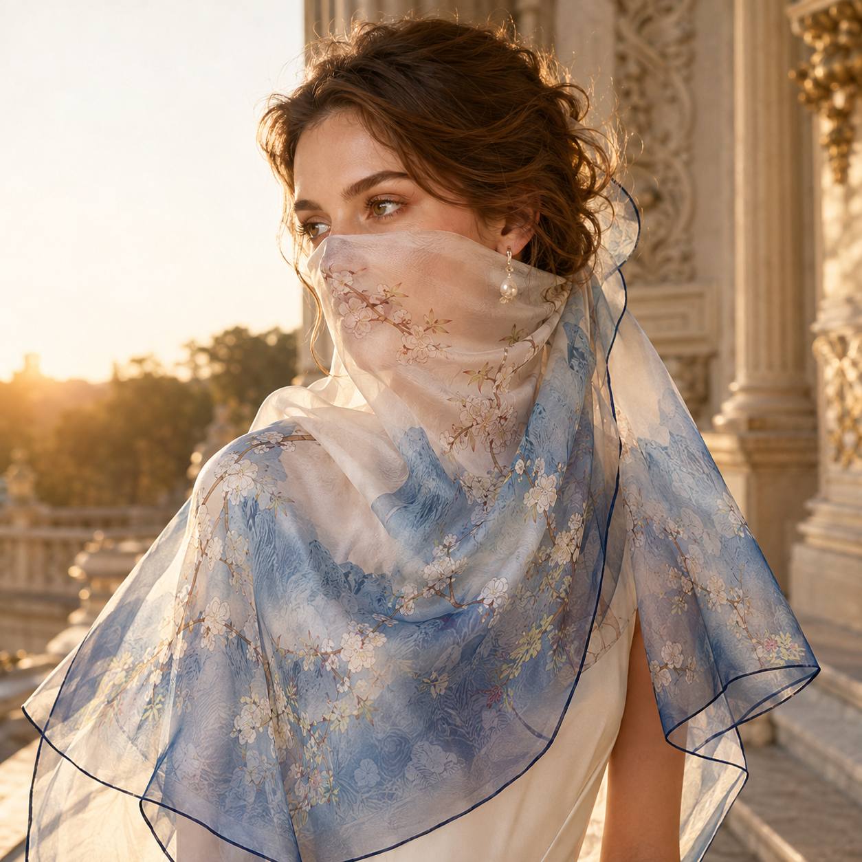 TEMU Écharpe longue 100% soie de pour femmes, châle transparent à imprimé floral de fleurs de pêcher et paysage chinois, couverture de plage légère,