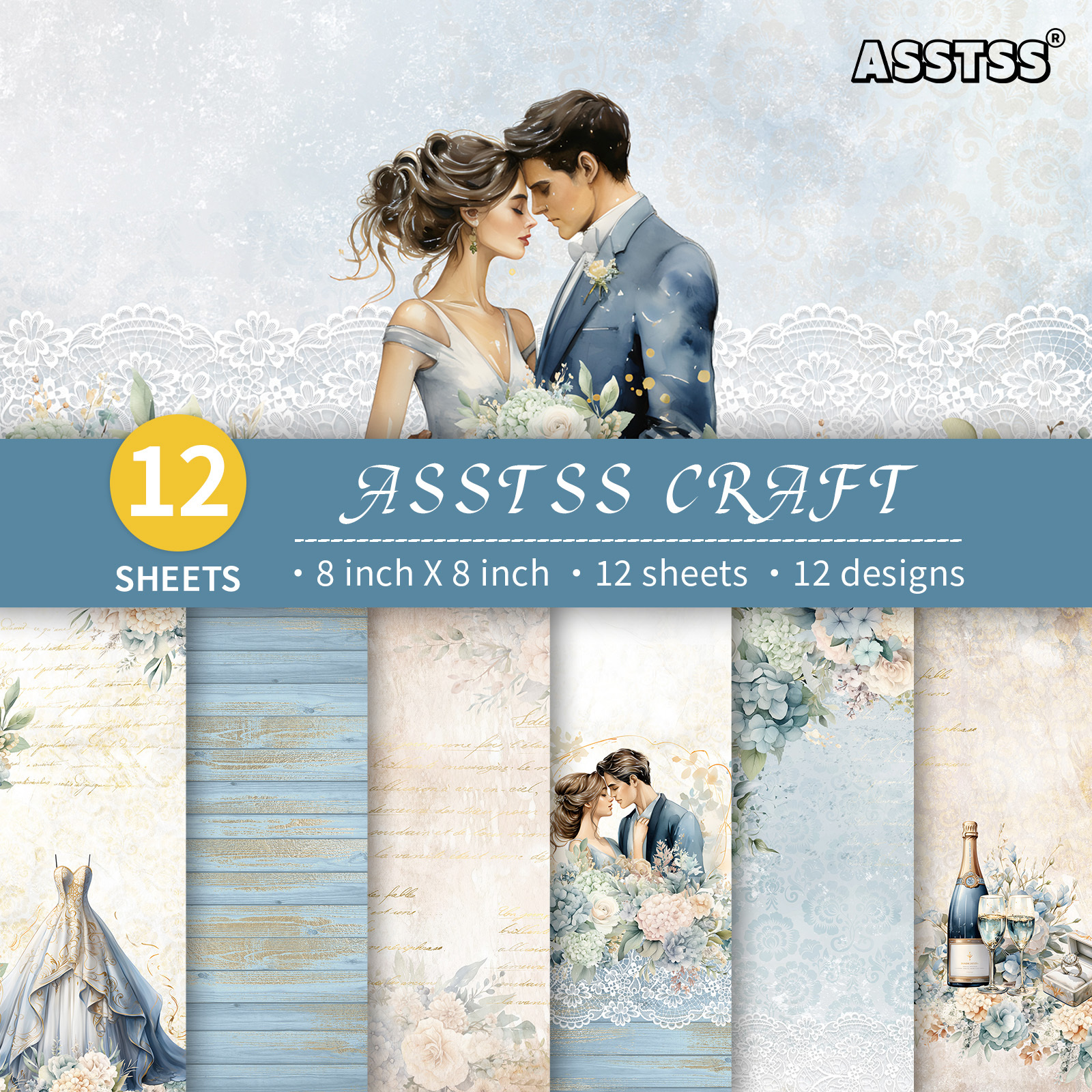 TEMU Bloc de papier de scrapbooking aquarelle de luxe pour mariage ASSTSS, 12 feuilles - Papier cartonné épais adapté au journaling, au collage, aux