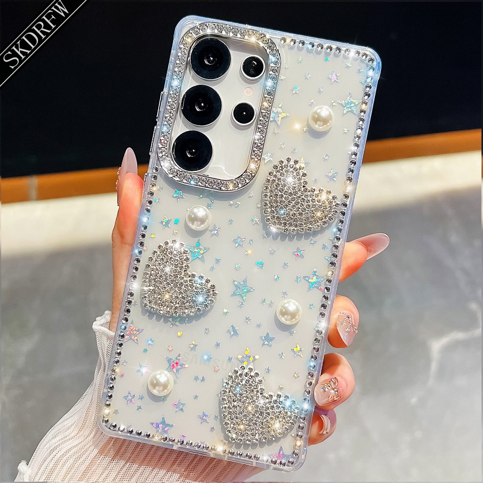 TEMU Phone Case - Ins Dopamine Light Luxury Shimmering Rhinestone Full-wrap Love Heart Phone Case For Galaxy A55 A35 A15 A56 A36 A26 A16 A17 A07
