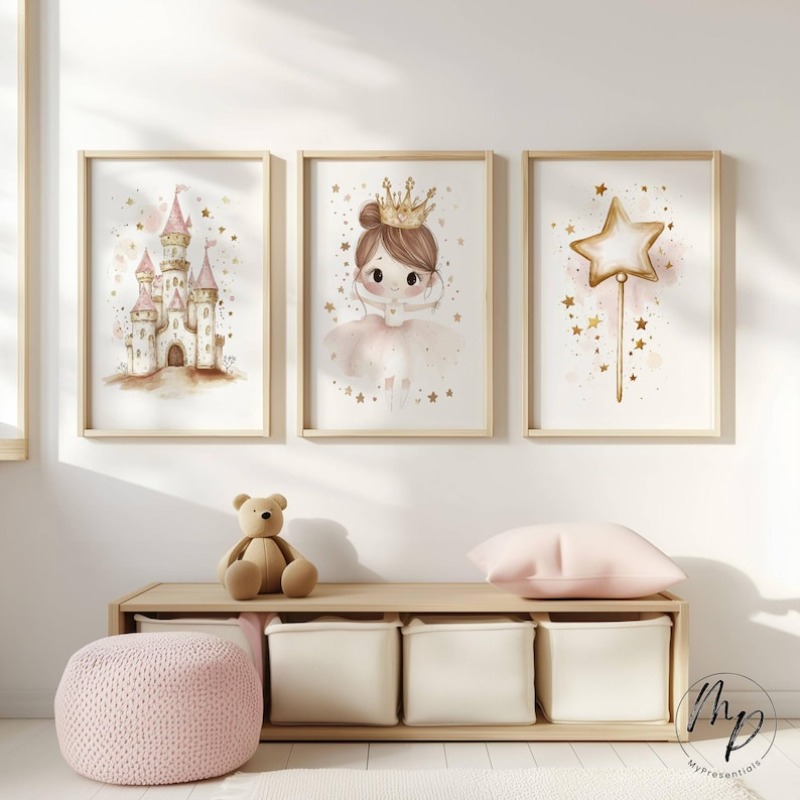 TEMU 2d Flat, 2d Flat, Set Of 3 Unframed Canvas Posters Designed For Girls' Bedrooms – Featuring A Princess, A Ballerina, And A Crown In Pink –