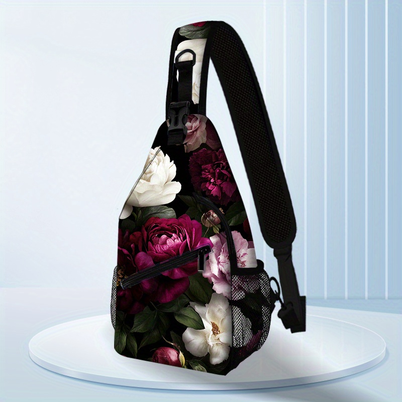 TEMU Japanese Cherry Floral Print Adjustable Crossbody Sling Bag - Sporty Unisex Shoulder Backpack For Outdoor Hiking, Travel & Casual Use, Durable