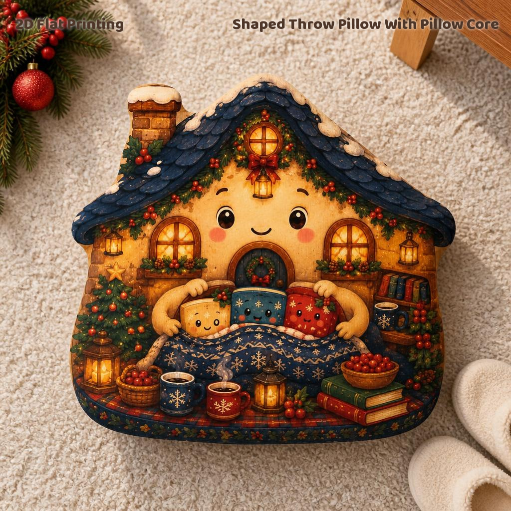 christmas little chapel cottage tucking friends in shaped throw pillow gentle   decorative cushion for bedroom cozy   seasonal home decor 2d flat printing shaped stuffed throw pillow