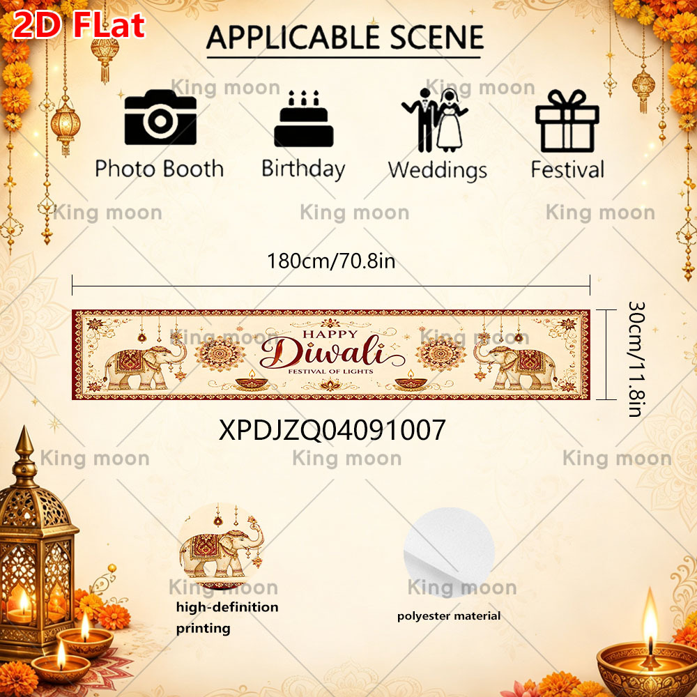TEMU 2d Flat Banner 1pc, Diwali Party Decorative Table Runner, Polyester Material, 180x30cm, Dual Elephant Graphics And Oil Lamp , Cream Background