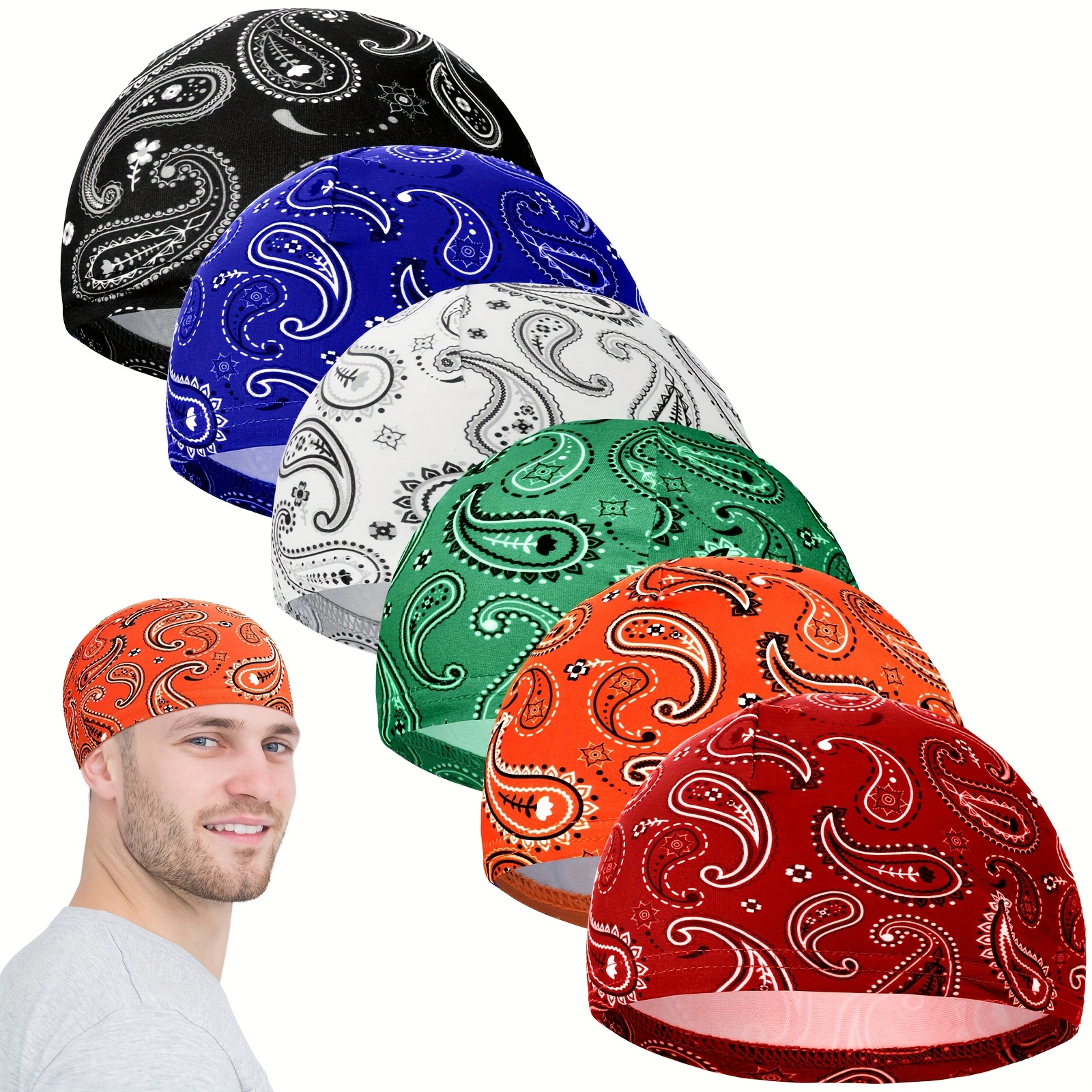 6pcs Set(unisex) Breathable Ice Silk Headscarf Helmet Liner- Sweat-absorbing Paisley Pattern , In Multiple Colors, Suitable For Cycling And Running- Helmet Liner, 6pcs