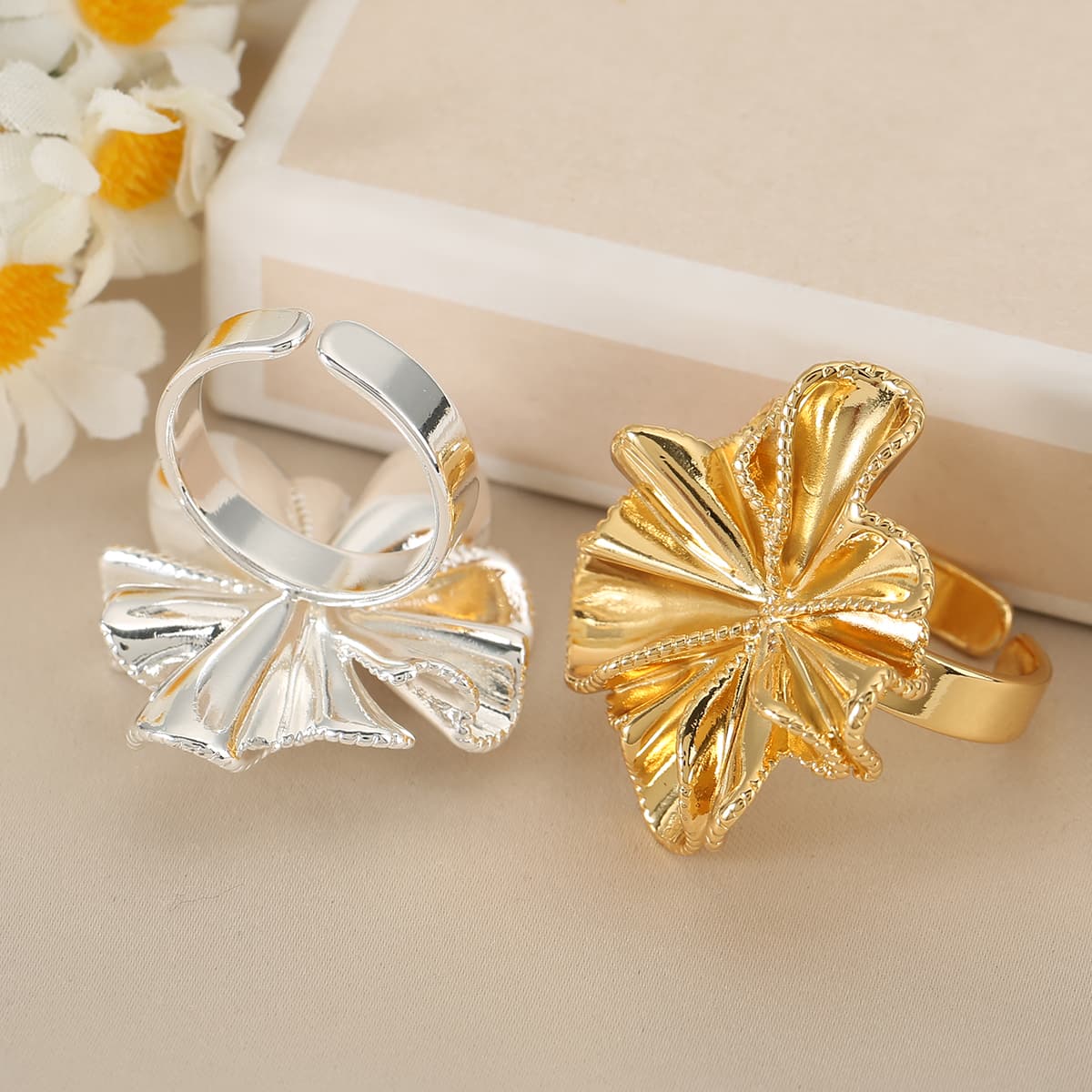 Women's Copper Lace Pleated Texture Floral Open Ring