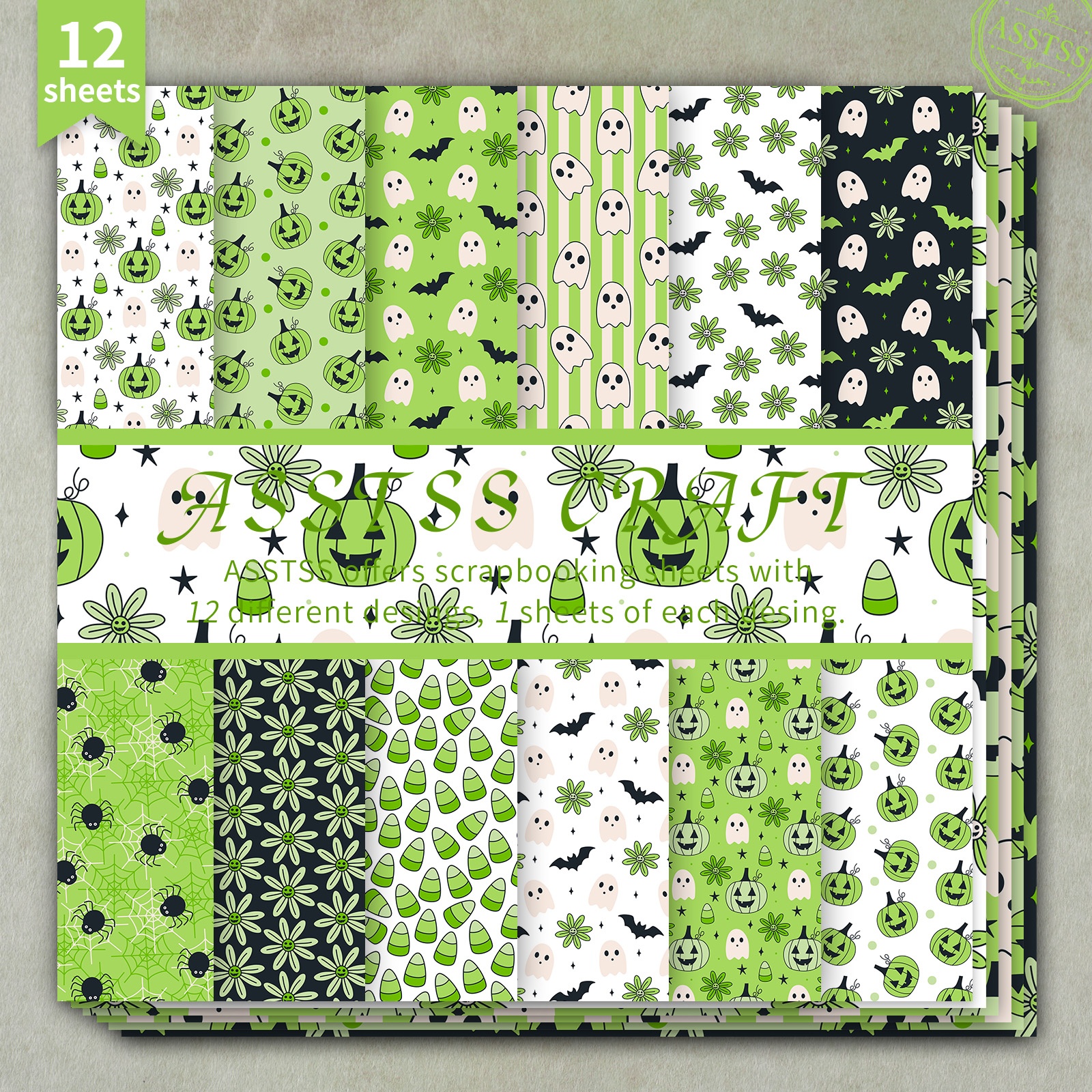 TEMU 12-sheet Asstss 6x6 Inch Scrapbooking Paper Pad, Halloween Green Pumpkin Bat Daisy Style Backing Paper Supplies, Heavyweight Cardstock For
