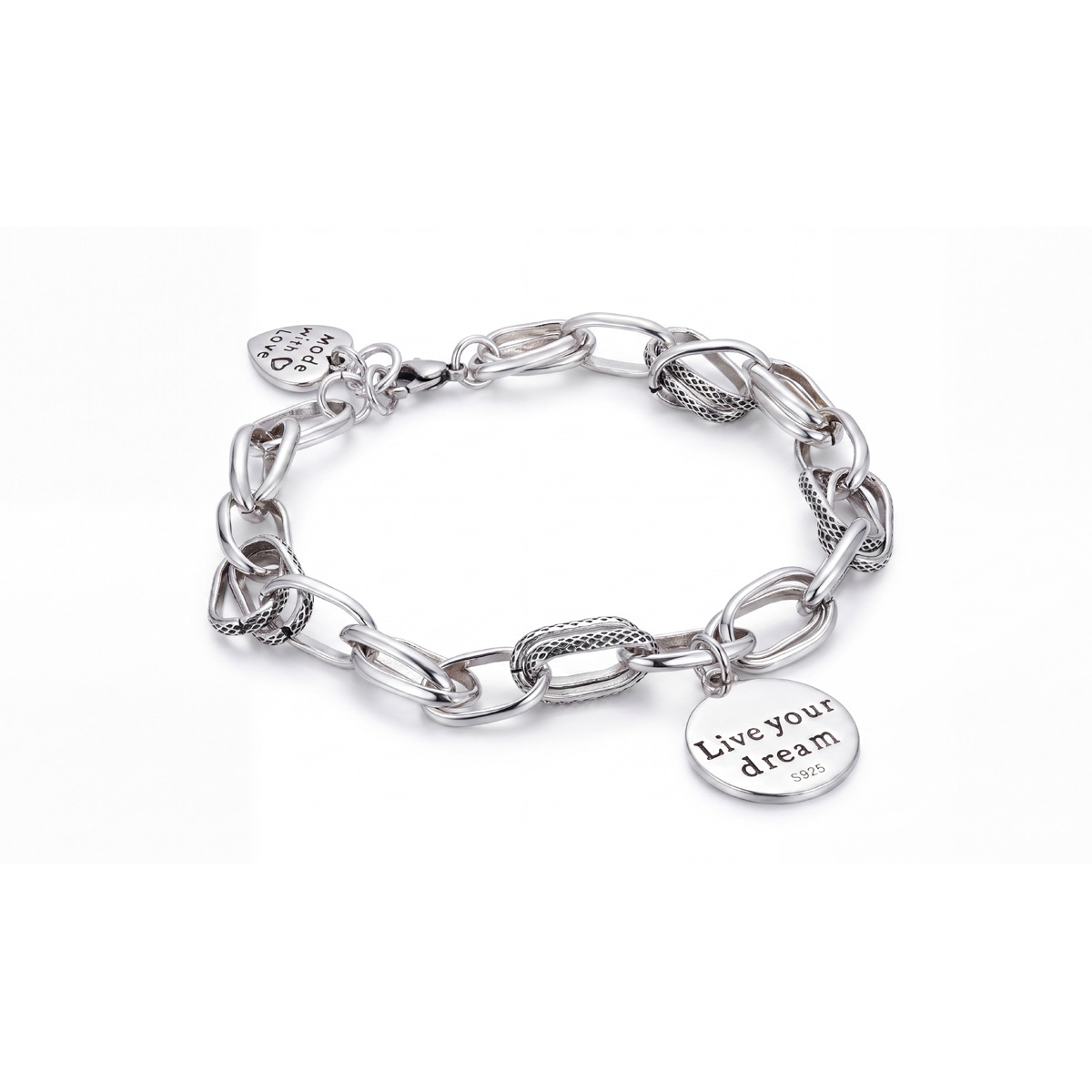 Image of 1pc 925 Silver Lady's Bracelet- Retro Thick Chain-hop Distressed Design- Unique Round Pendant Bracelet- On Special Occasions