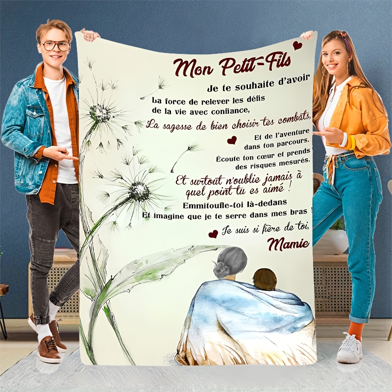 TEMU 1 Couverture Confortable Thème Français avec Motif & Petit-Fils - Plaid Doux et Chaud en Polyester Toutes Saisons, Lavable en Machine, Cadeau