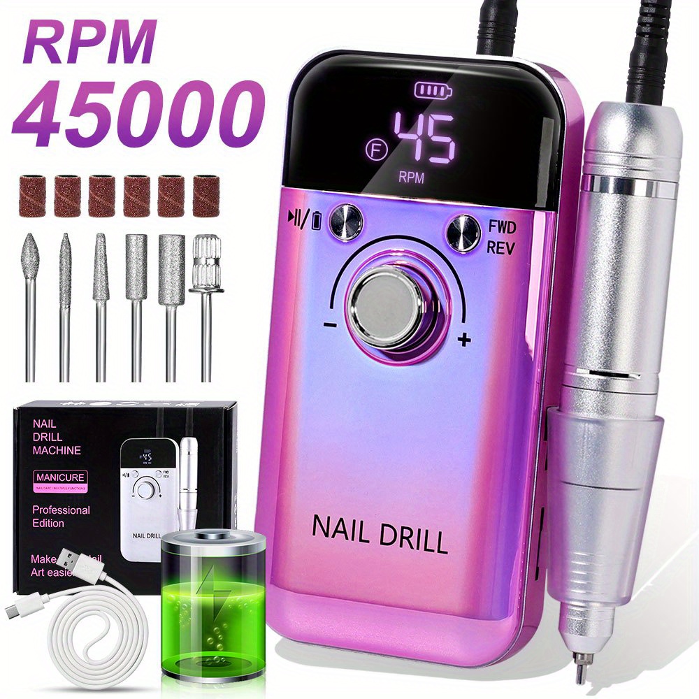TEMU Professional 45000 Rpm Electric Nail Drill With 6 Interchangeable Drill Bits - Usb Rechargeable, Lcd Display, Ergonomic Handle For Manicure,