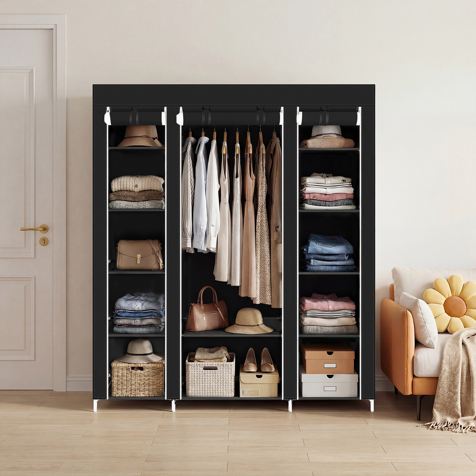TEMU Portable Closet Wardrobe Storage Organizer With 12 Shelves & Hanging Rod, Non - Woven Fabric Cover, Durable Steel Tube Frame, Easy No - Tool