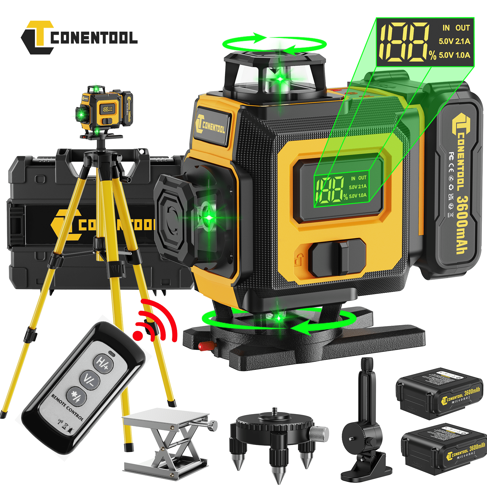 Conentool 1 Set 16 Lines Laser Automatic Leveling, 4x360° Green Cross Line Laser Level Tool For Construction And Picture Hanging, 4d Laser Level With 2*2400/3600mah Rechargeable Batteries