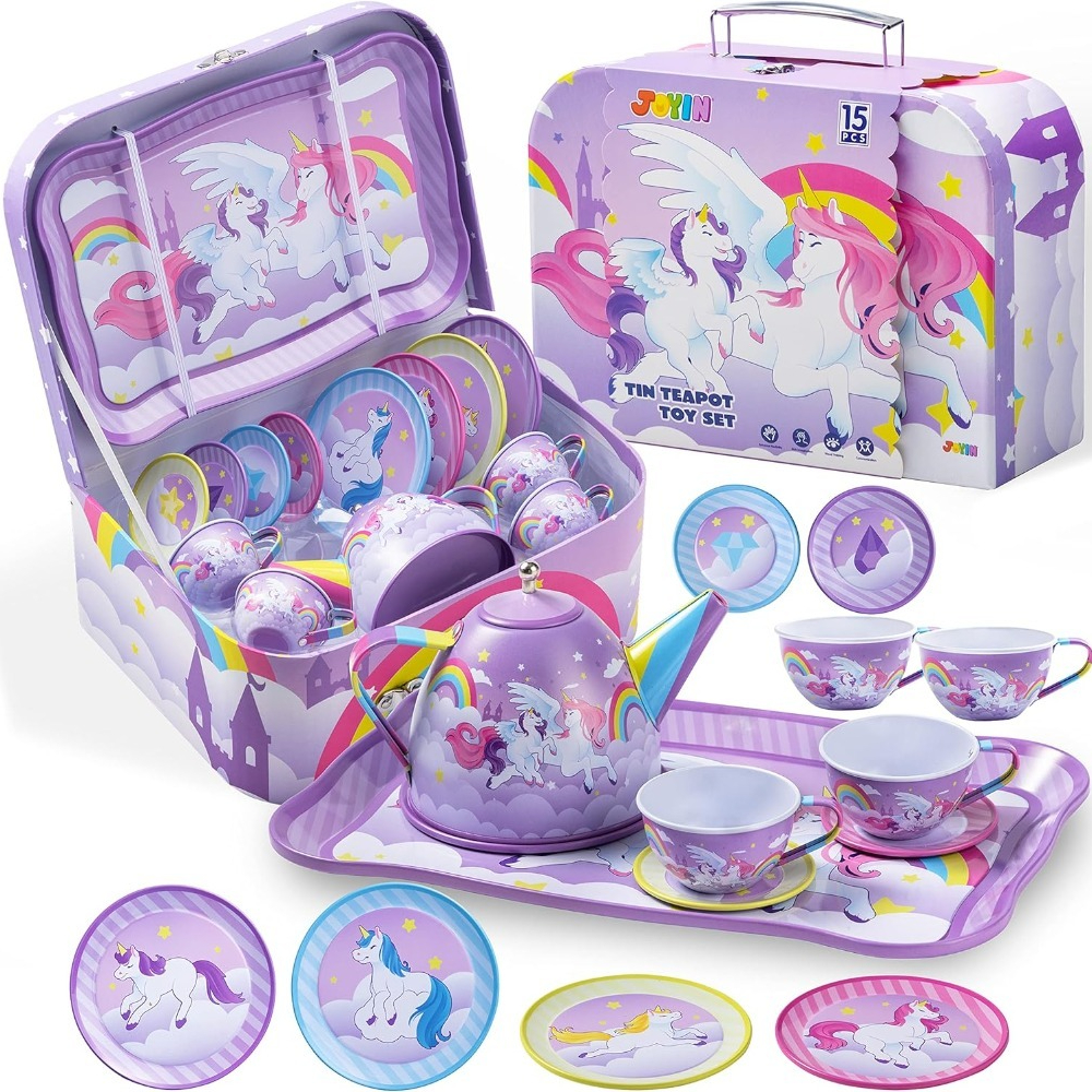 TEMU Unicorn Tea Party Set For Girls With Purple Tin Teapot & Pretend Play - Time Toy Suitable For Kids, 3+, Birthday/easter Gift, Carrying Case For