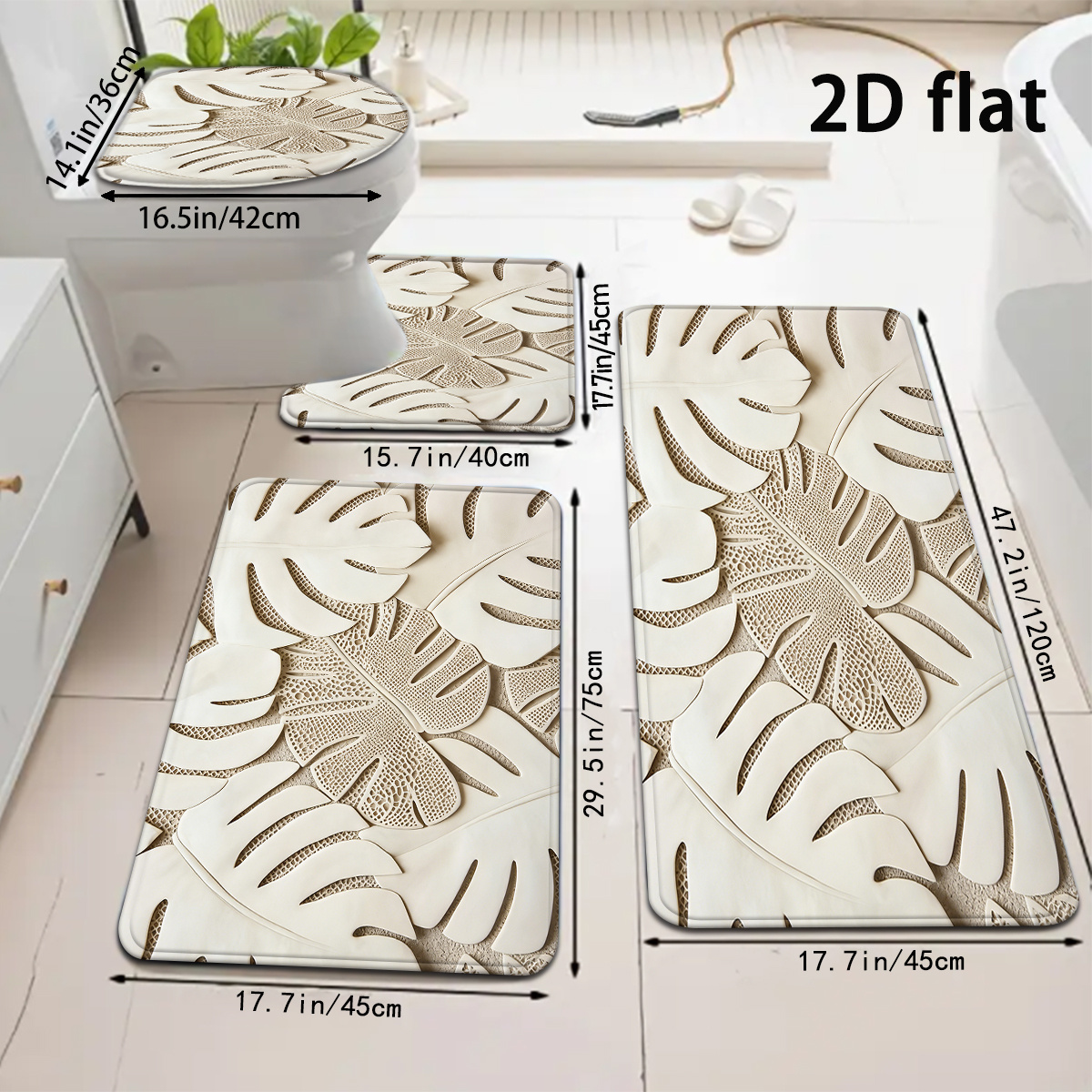 TEMU 2d Flat, 2d Flat, 2d Flat Printing 4pcs Beige Palm Leaf Bathroom Mats Easy Style Bath Mat Set Toilet Lid Pad And Carpet Bathroom Decor U-shaped