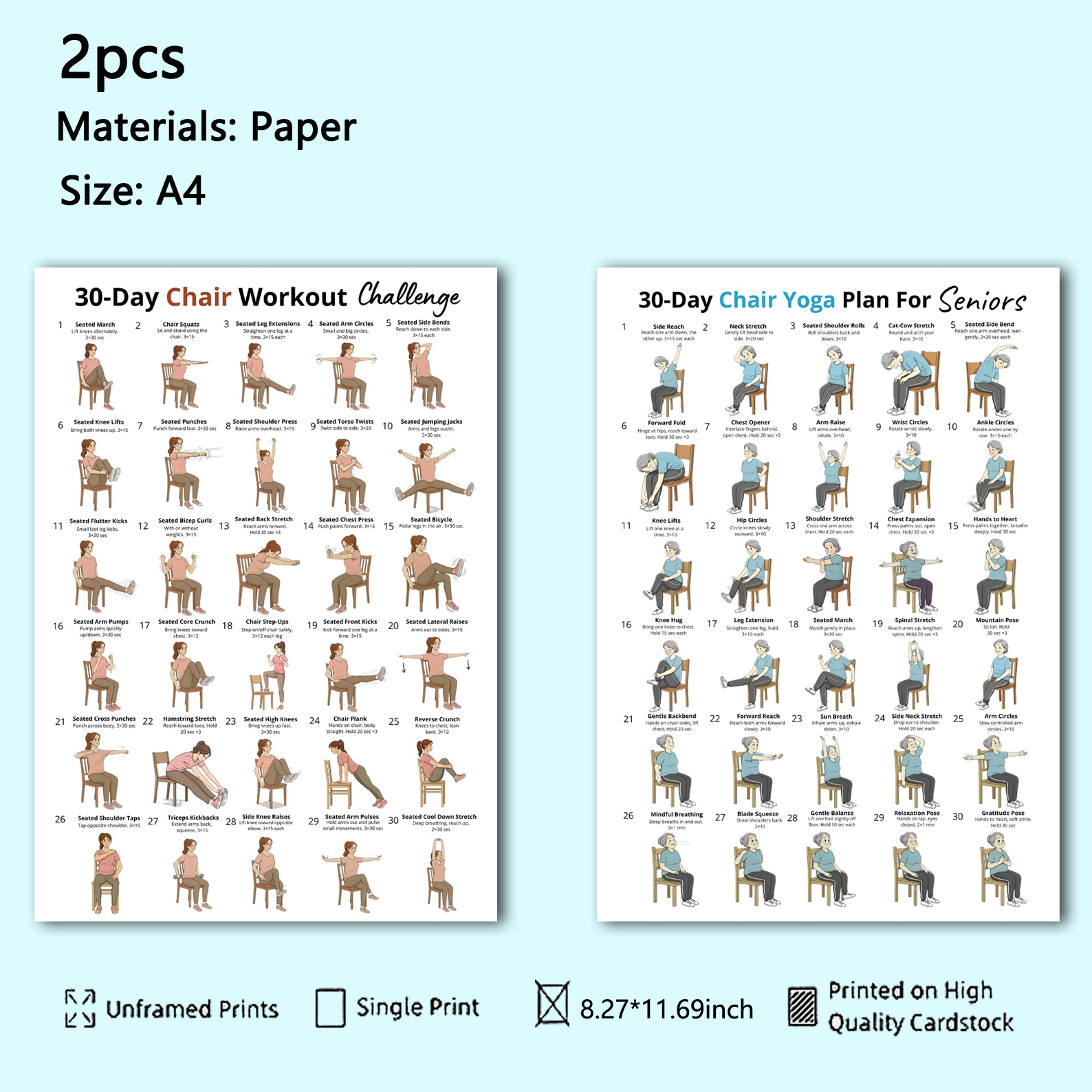 2pcs Chair Yoga Workout Plan Challenge For Seniors| Seated Yoga For Seniors& Beginners| Exercise Chart| Gentle Chair Workout, Paper Material