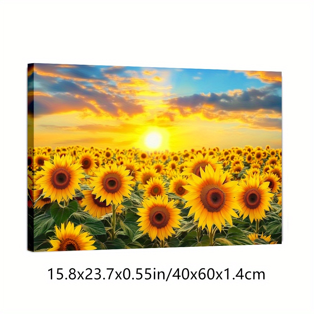 TEMU 2d Flat, 2d Flat, 1pc Framed Canvas Art Featuring Sunflowers At Sunset â Flowers Against Warm Sunset Colors, Ideal For Decorating Your Living