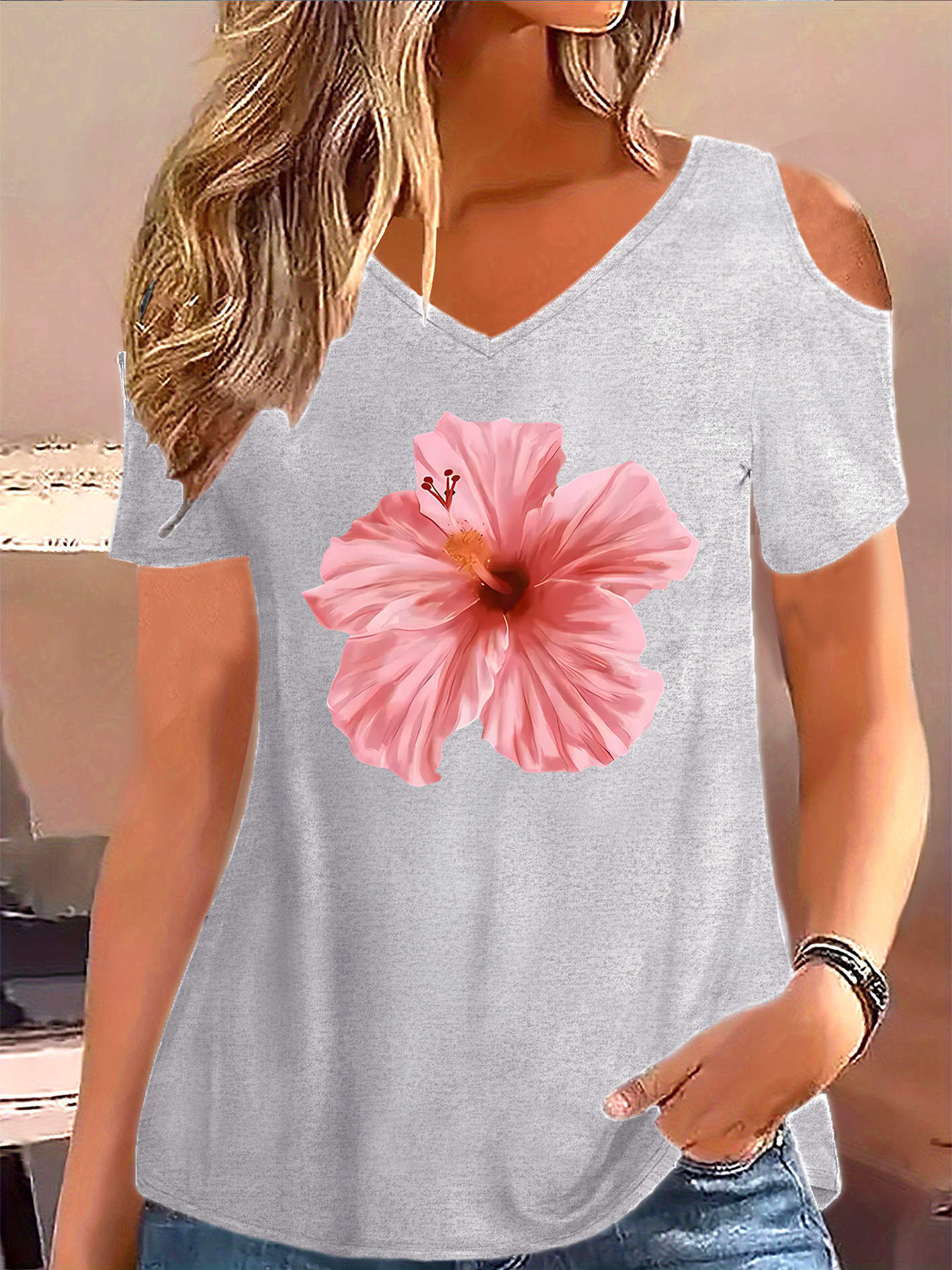 women's casual loose -shoulder t-shirt with vibrant pink hibiscus - Main Image