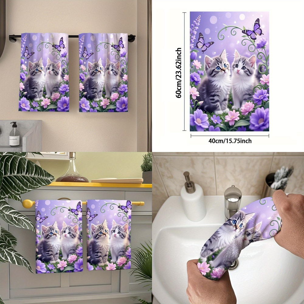 TEMU 2pcs 2d Flat Printed Towels, Cartoon Cat 2d Design, Soft And Comfortable, Durable, Odorless, Suitable For Bathroom, Kitchen, Beach And Pool
