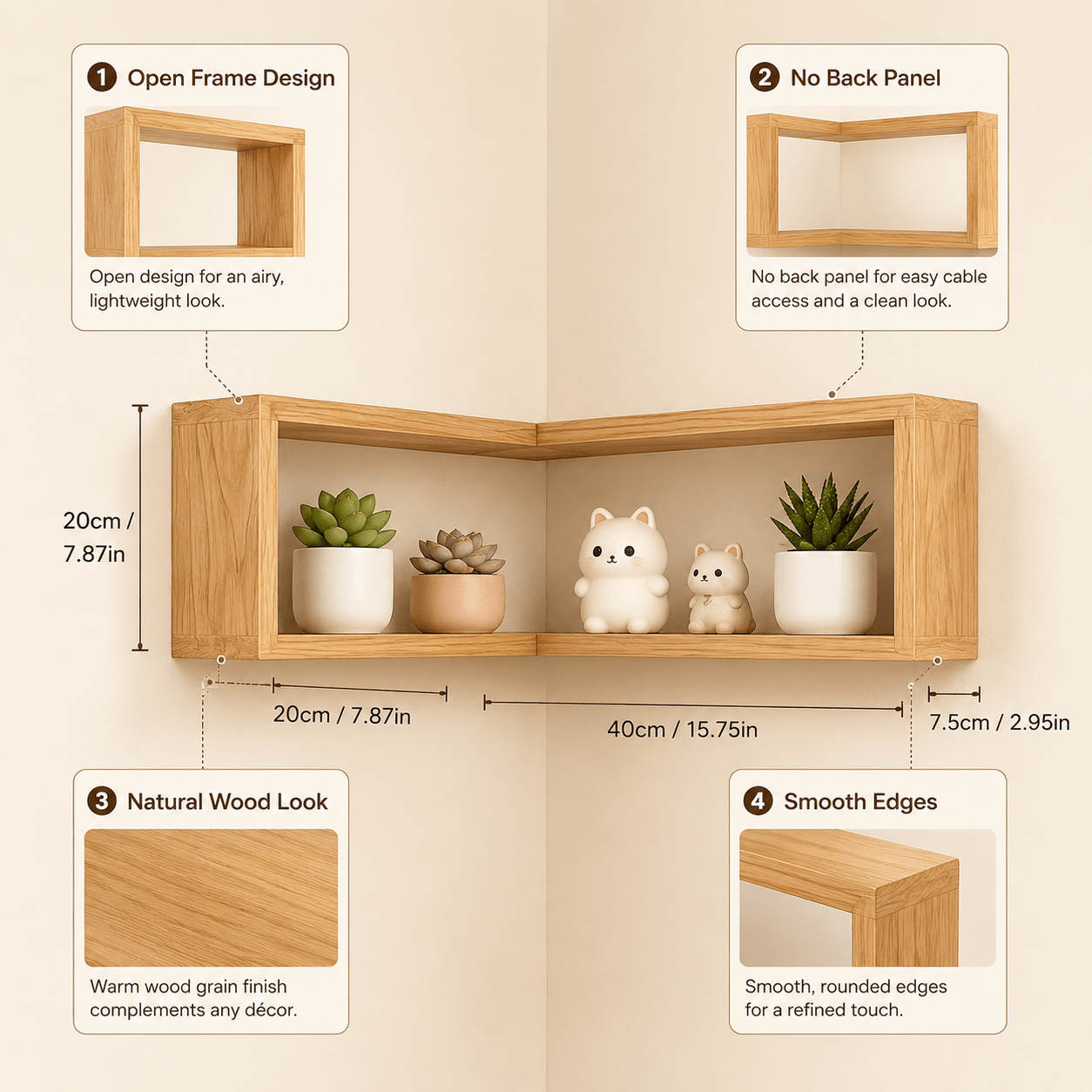 Wooden Corner Wall Shelf Set with Floating Design