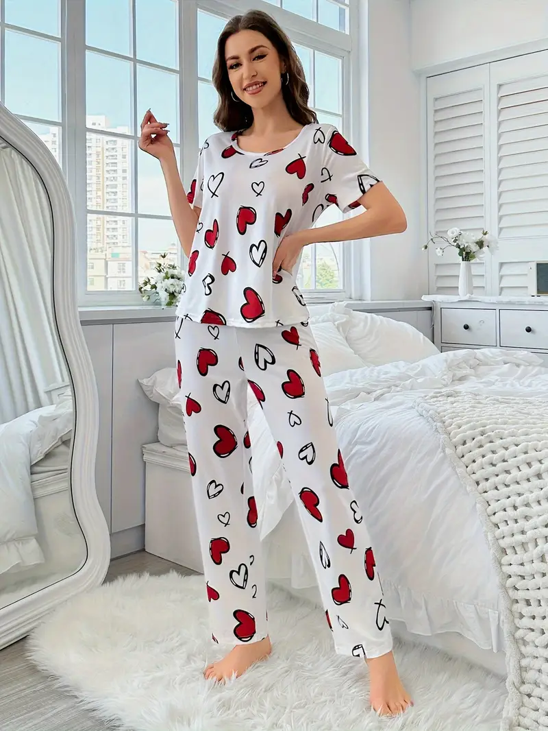 3 sets of 6pcs womens casual polyester white pink top and long pants pajama set heart print fabric short sleeve top with trousers casual loungewear sexy outside Product details 9