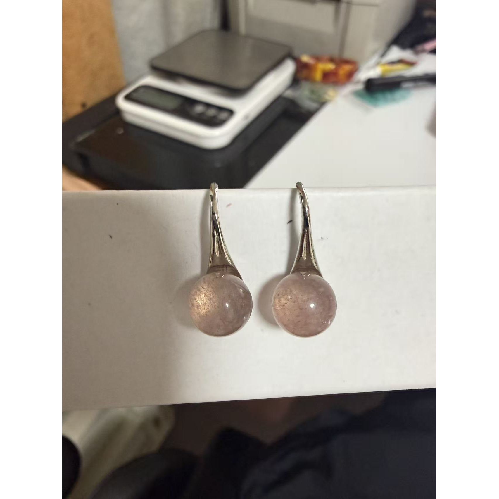 TEMU Natural Strawberry Quartz Round Bead Minimalist Style Dangle Earrings For Women, Daily Wear Jewelry, Women's Accessories, Holiday Gift, Casual