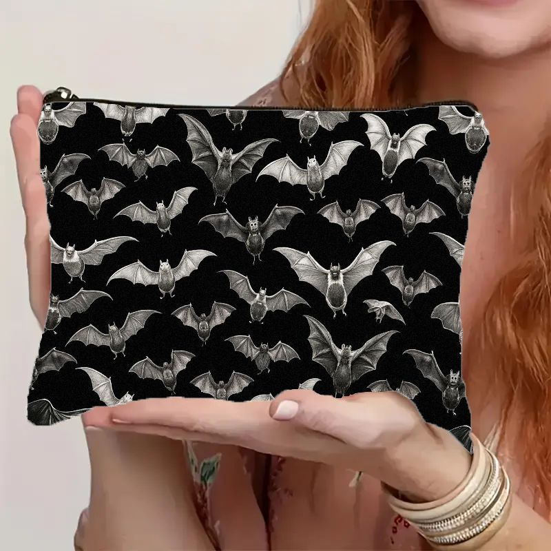 TEMU 2d Flat Design Vintage Bat Print Cosmetic Makeup Bag With Smooth Zipper Closure - Lightweight, Portable & Durable Organizer Pouch For Women,