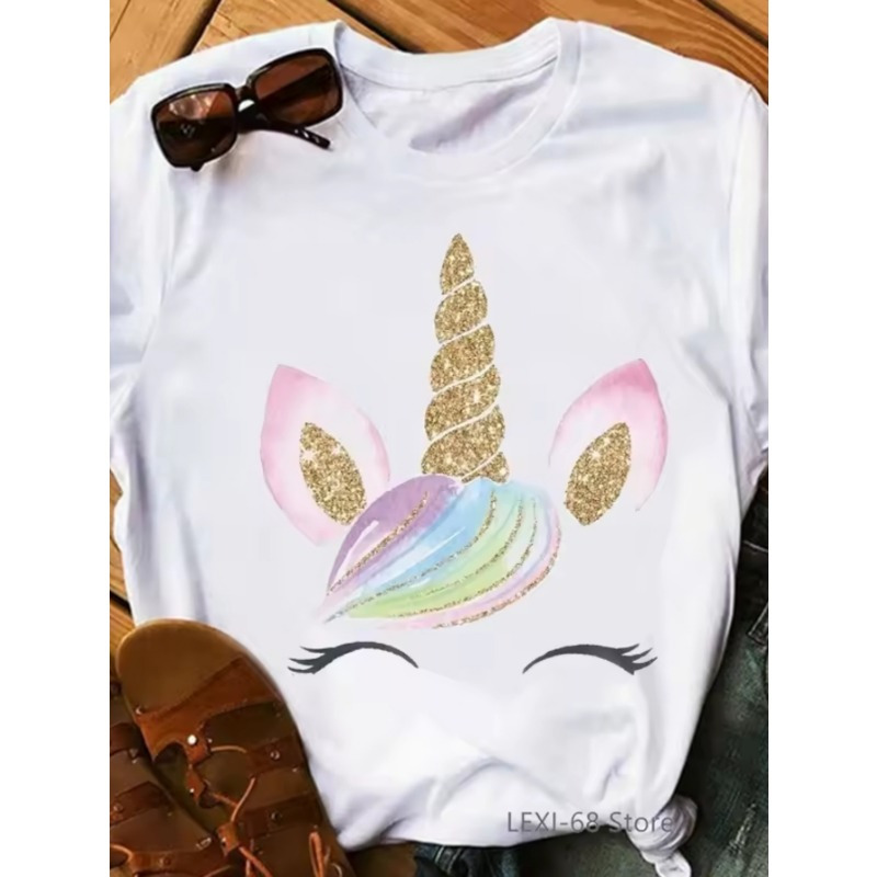 

Women's Unicorn T-shirt, Casual Crew Neck Short Sleeve Top, Polyester 95% Spandex 5% Knit Fabric, Cartoon Style Clothing