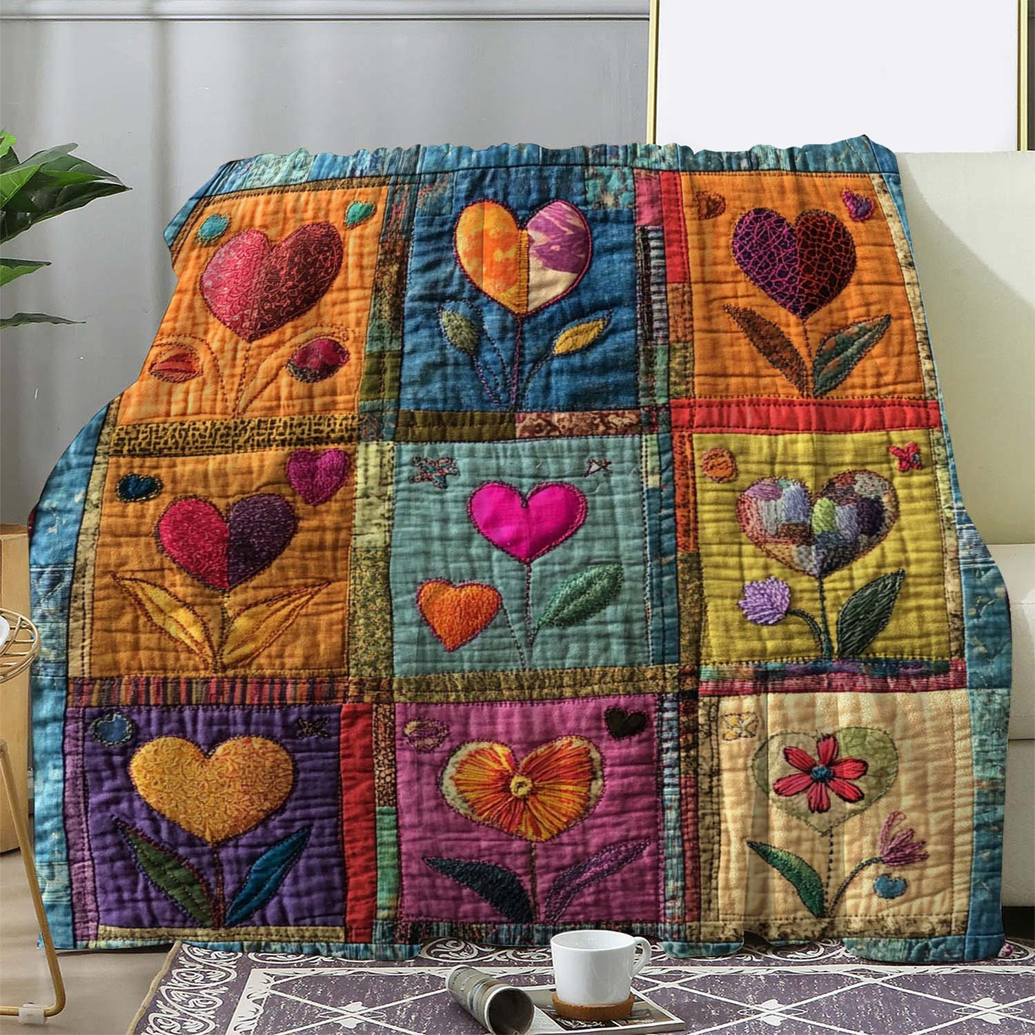 

1pc Vintage Style Patchwork Floral Heart Print Throw Blanket - Soft, Cozy, Warm Flannel Fleece For Sofa, Bed, Office, Car, Indoor, Camping, Travel - Gift Blanket, , Knitted, Polyester, 250-300gsm