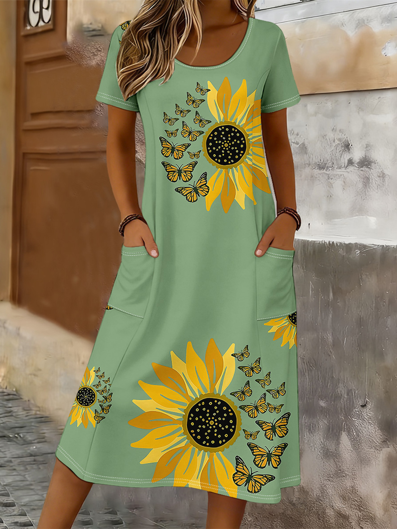 summer dress with sleeves and pockets sold on Temu United States