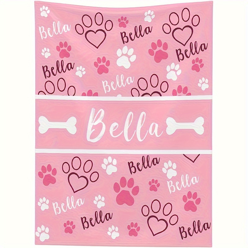 TEMU Customizable 1pc Creative Multicolor Dog Paw Blanket With A Personalized Name, . Lightweight Flannel Suitable For Sofa, Bed, Travel, Camping,