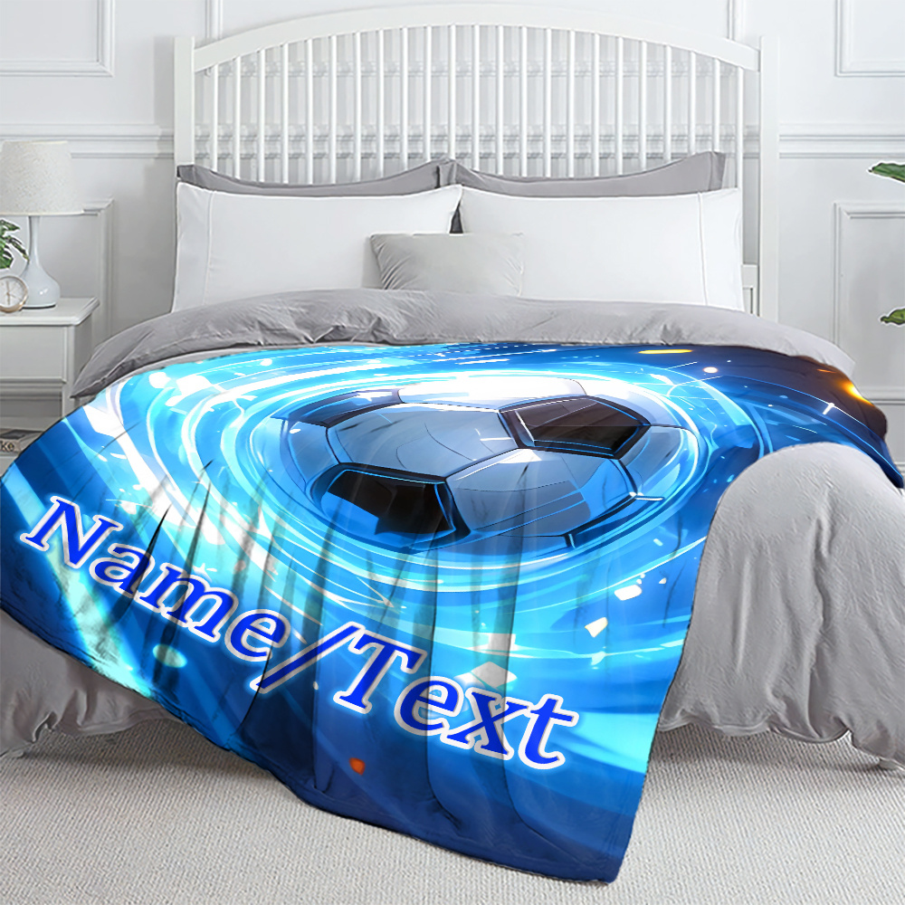 TEMU Customized Soccer Blue Glow Movement Printed Blanket, Thin Flannel, Polyester, No Fleece, Perfect For Outdoor, Camping, Picnic, Hiking, , Sofa,